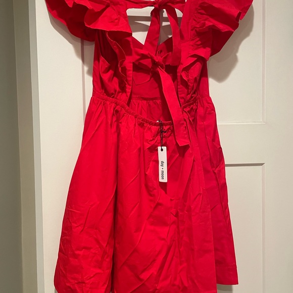 Day + Moon Red Mini Dress. Size: Large. Open Tie Back. Ruffle Sleeve. NWT. - Picture 9 of 12
